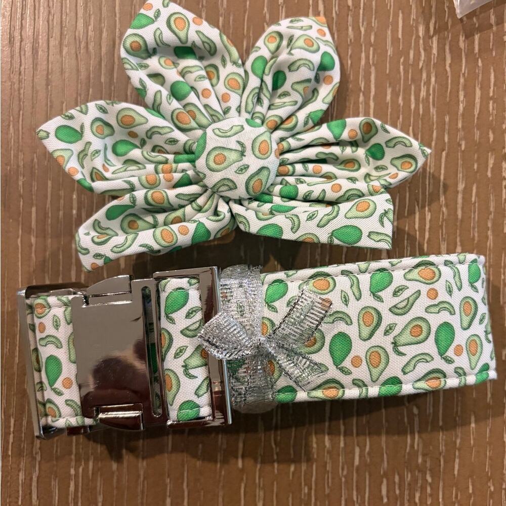Avocado Print Green White Flower Bow Tie Cat Dog Set XL Cotton New